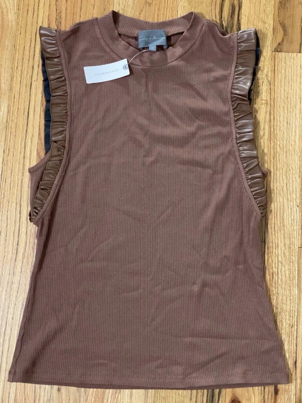 Sunday in Brooklyn, Top, Ribbed Ruffle Faux Leather Trim, Brown, Sz XL, (SR397)